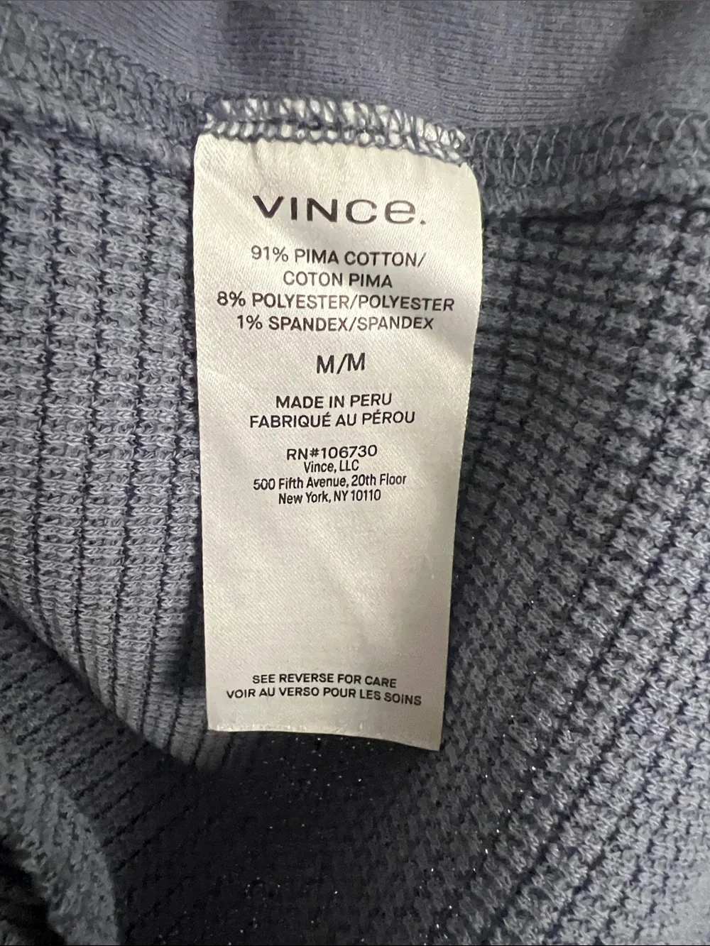 Vince Men’s Crewneck Pima Cotton Blend Thermal Long Sleeve Pullover. Size Medium